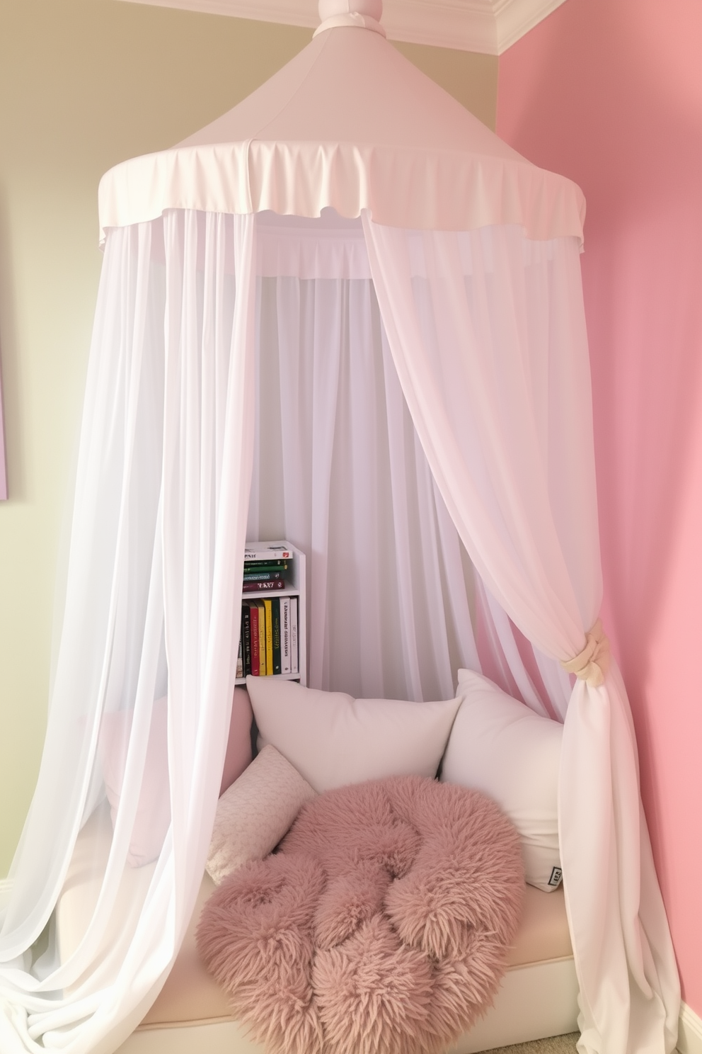 A whimsical canopy drapes over a cozy reading nook filled with soft cushions and a plush throw blanket. The walls are adorned with pastel colors, and a small bookshelf is nestled in the corner, overflowing with colorful books.