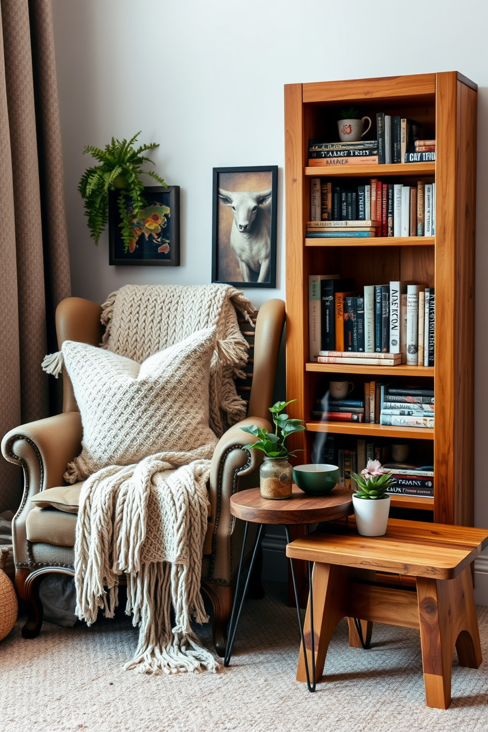 A cozy reading nook filled with an assortment of textures. Soft, plush cushions are layered on a vintage armchair, while a chunky knit throw drapes over the side. A rustic wooden bookshelf stands against the wall, filled with books and decorative items. A small side table made of reclaimed wood holds a steaming cup of tea and a blooming potted plant.