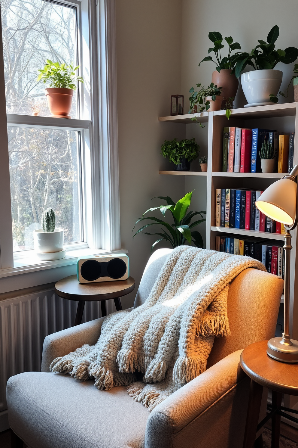 A cozy reading nook featuring a comfortable armchair upholstered in soft fabric. The nook is adorned with a small side table holding a portable speaker for background music, surrounded by shelves filled with colorful books and potted plants. Natural light streams in through a nearby window, illuminating a plush throw blanket draped over the armchair. A decorative lamp sits on the side table, enhancing the inviting atmosphere perfect for spring reading.