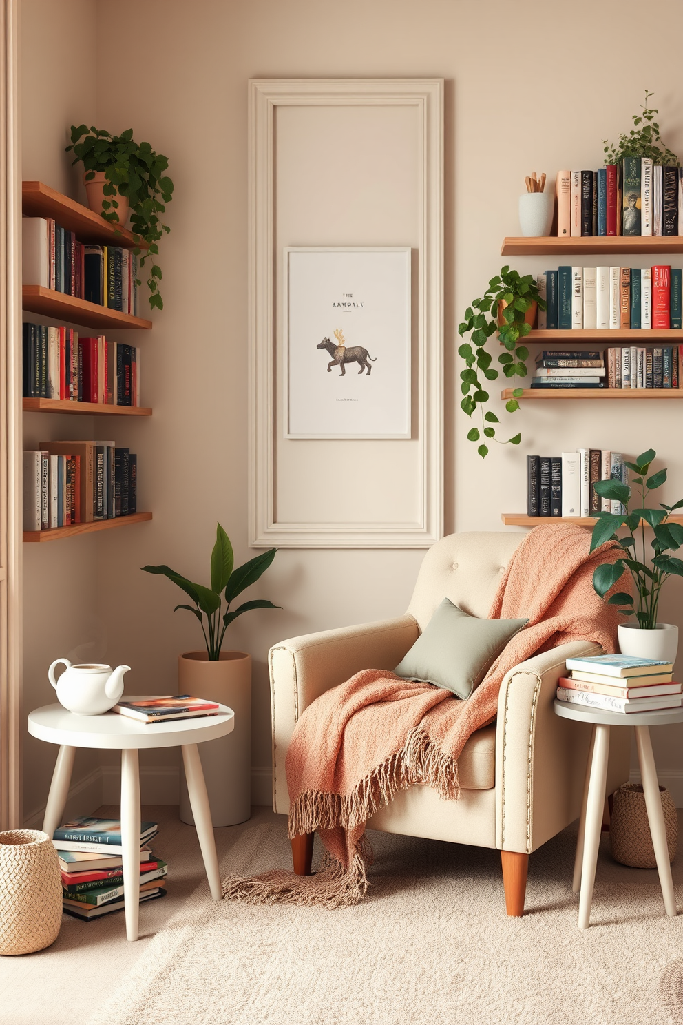 A cozy reading nook designed for personal reflections. It features a plush armchair in soft pastel colors, a small side table with a steaming cup of tea, and a stack of books waiting to be explored. The walls are adorned with shelves filled with well-loved novels and a few potted plants adding a touch of greenery. A warm throw blanket drapes over the armchair, inviting you to settle in and enjoy a peaceful reading experience.