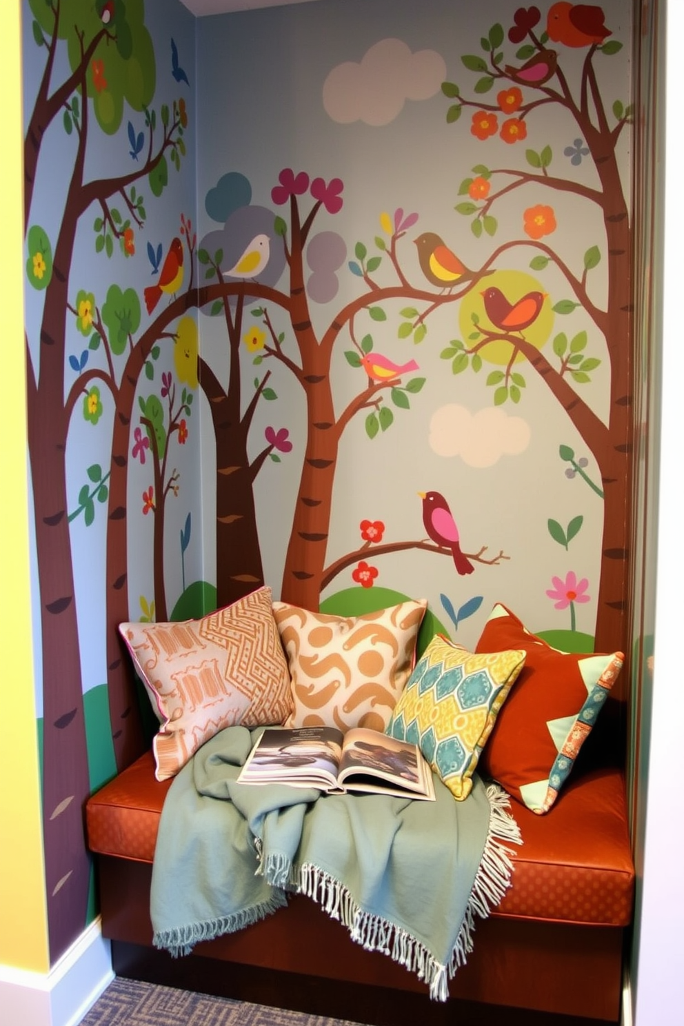 A vibrant reading nook featuring a fun mural of whimsical trees and colorful birds that creates an inviting atmosphere. The nook is adorned with plush cushions in various patterns and a cozy throw blanket, inviting readers to relax and enjoy their favorite books.