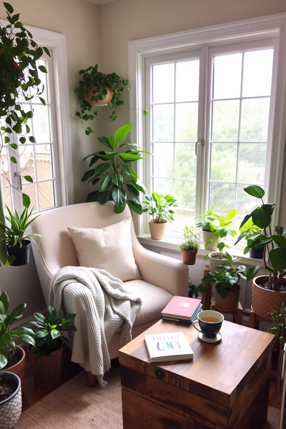 A cozy reading nook filled with natural light featuring a comfortable armchair in a soft pastel color. Surrounding the nook are various indoor plants in stylish pots, adding a fresh and vibrant atmosphere. The nook includes a small side table made of reclaimed wood, perfect for holding a stack of books and a steaming cup of tea. A plush throw blanket drapes over the armchair, inviting you to settle in and enjoy a peaceful afternoon of reading.