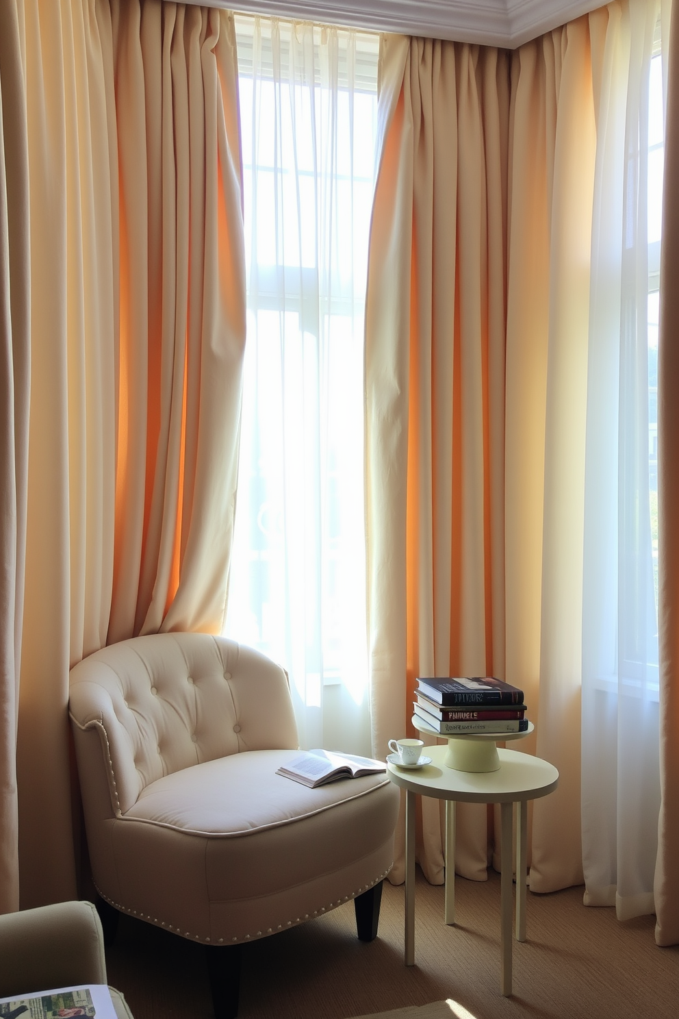 A cozy reading nook bathed in natural light streaming through sheer curtains creates an inviting atmosphere. A plush armchair in soft pastels is paired with a small side table, adorned with a stack of books and a delicate teacup.