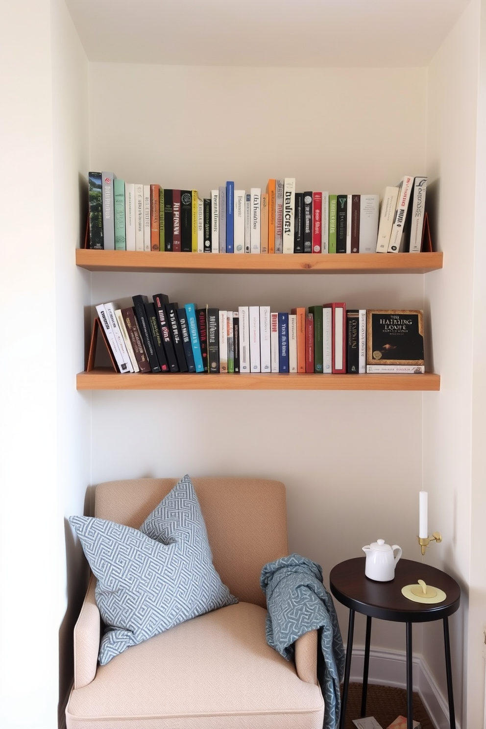 A cozy reading nook featuring floating shelves that provide easy access to a curated collection of books. The space is adorned with a comfortable armchair, soft throw pillows, and a small side table for a cup of tea.