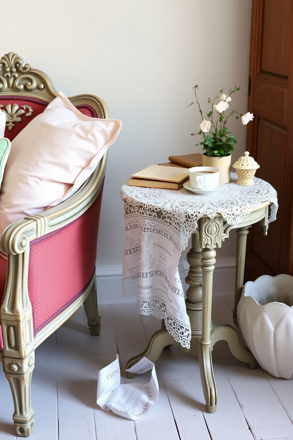 A vintage side table with intricate carvings and a distressed finish sits beside a cozy armchair. Soft pastel cushions adorn the chair, creating an inviting atmosphere for a spring reading nook. A delicate floral tablecloth drapes over the side table, complementing a stack of classic novels. A small potted plant and a steaming cup of tea rest atop the table, enhancing the nostalgic charm of the space.