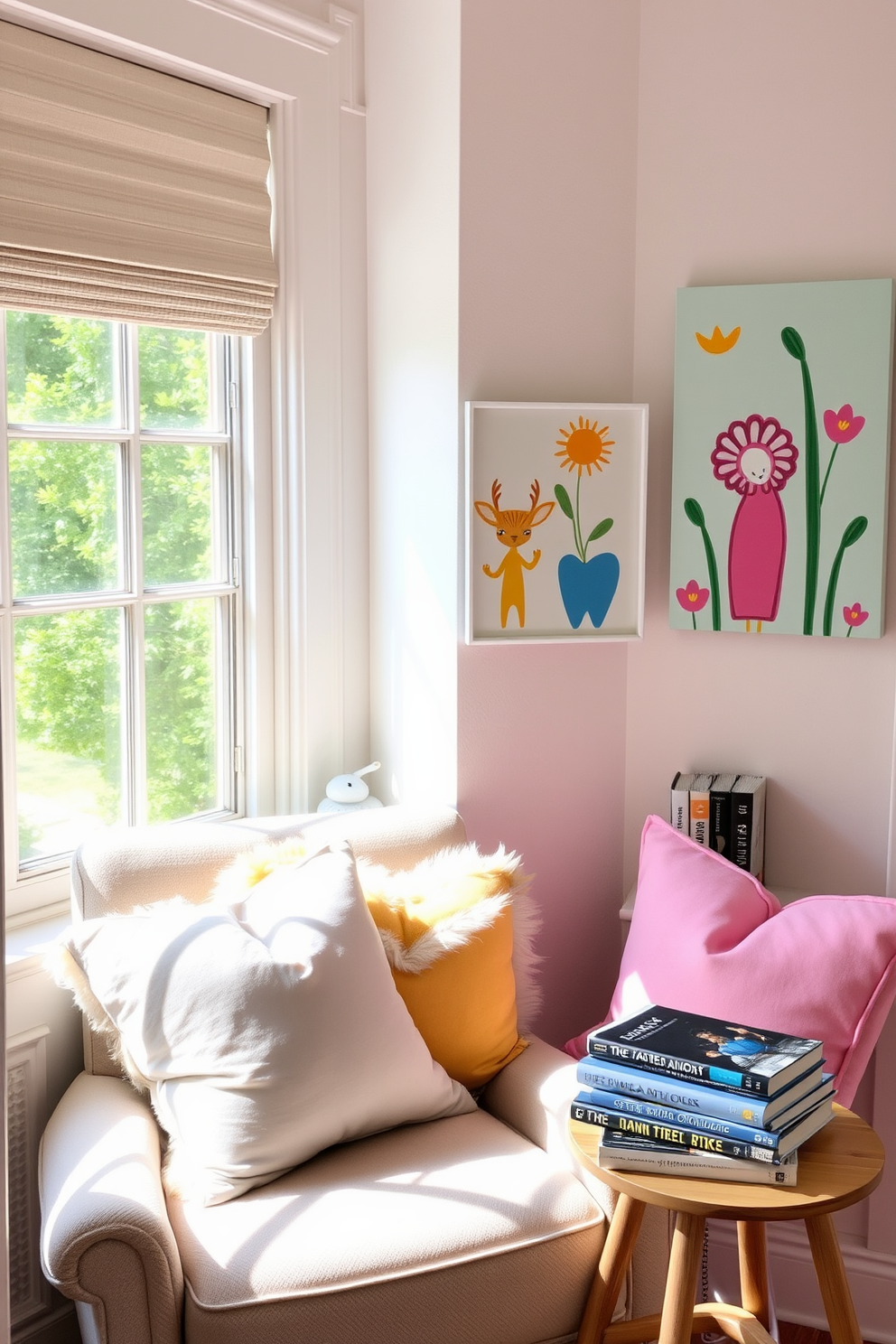 A cozy reading nook filled with natural light. Plush cushions in pastel colors are scattered on a comfortable armchair next to a small wooden side table stacked with books. Whimsical wall art featuring vibrant colors and playful designs adorns the walls. This creative space invites imagination and inspiration, making it perfect for a spring reading retreat.