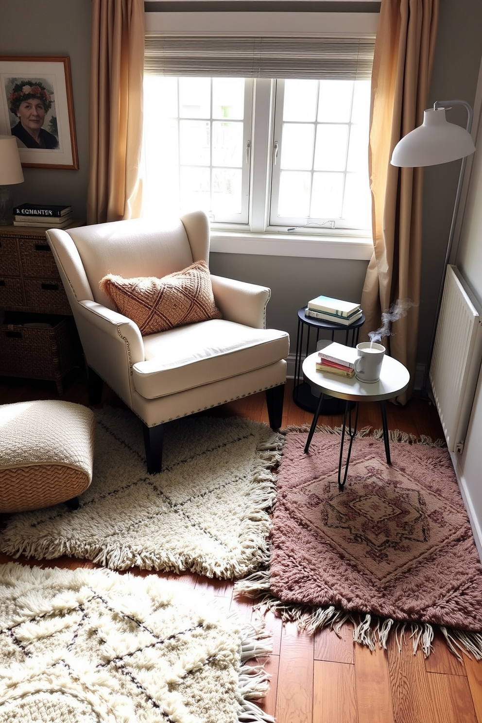 A cozy reading nook featuring layered rugs that add warmth and texture. Soft, plush rugs in various sizes and patterns are layered on a hardwood floor, creating an inviting space to relax with a good book. A comfortable armchair upholstered in a light fabric is positioned near a window, bathed in natural light. A small side table holds a stack of books and a steaming cup of tea, enhancing the serene atmosphere of the nook.