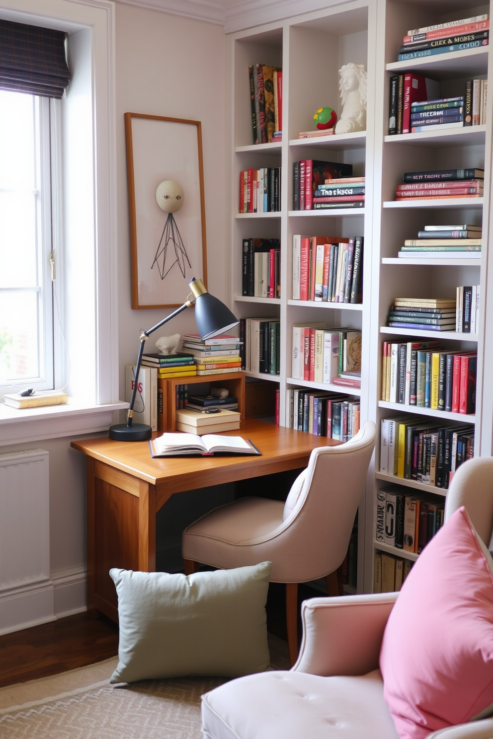 A cozy reading nook features a small wooden desk positioned by a window, allowing natural light to flood the space. The desk is adorned with a stack of books, a sleek lamp, and a comfortable chair upholstered in soft fabric for added comfort. Surrounding the desk are shelves filled with an assortment of books and decorative items, creating an inviting atmosphere. Soft, pastel-colored cushions are scattered on a nearby armchair, inviting you to relax and enjoy your favorite reads.