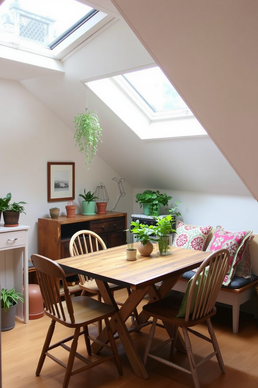 A cozy summer attic dining area features a foldable table made of reclaimed wood, surrounded by mismatched vintage chairs that add character. Soft natural light filters through a skylight, illuminating the space adorned with potted plants and colorful throw pillows that create a relaxed atmosphere.