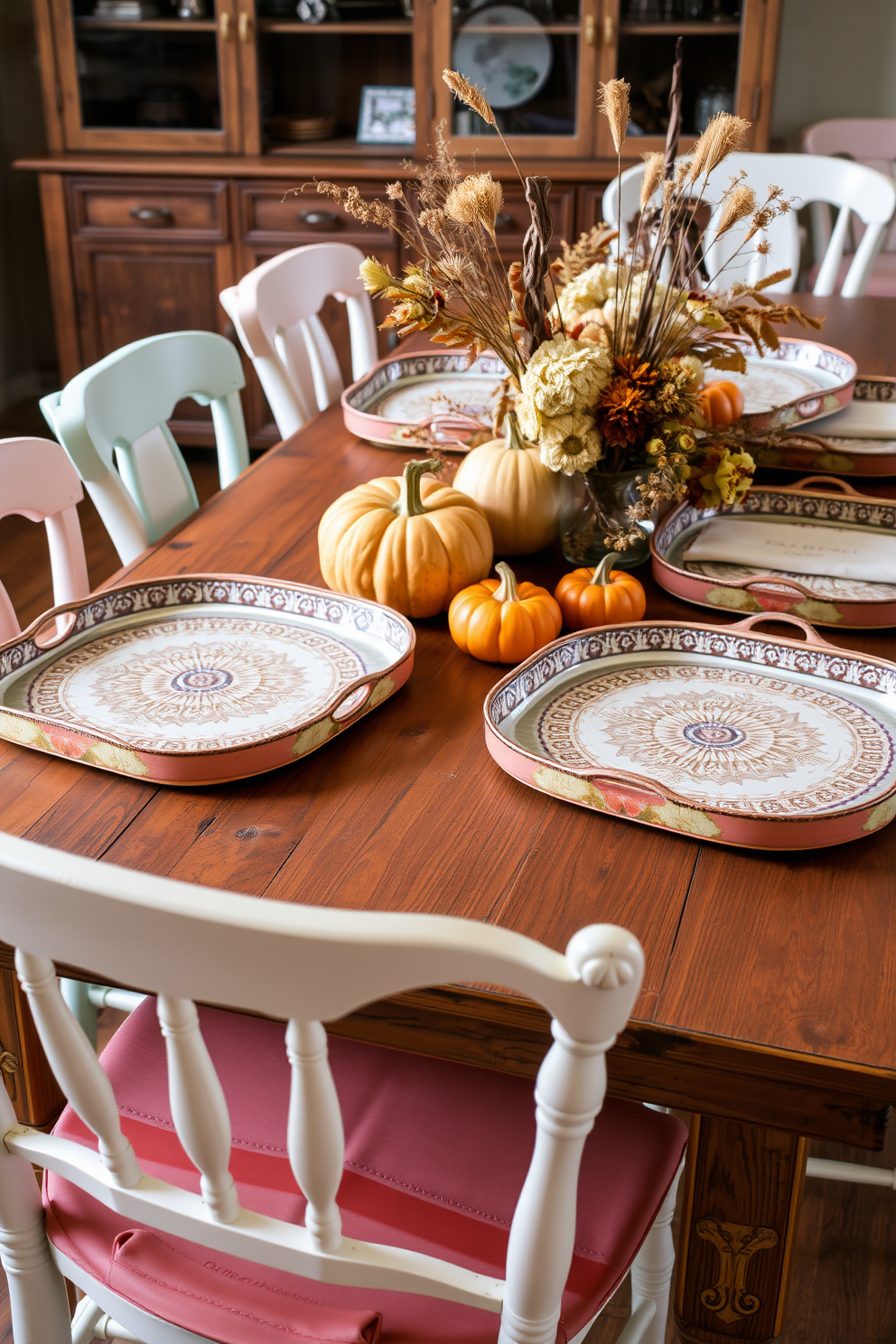 Charming vintage trays adorned with intricate patterns and warm colors are placed elegantly on a rustic wooden dining table. Surrounding the table, mismatched chairs in soft pastels create a cozy atmosphere, while autumn-themed centerpieces featuring pumpkins and dried flowers enhance the festive spirit.